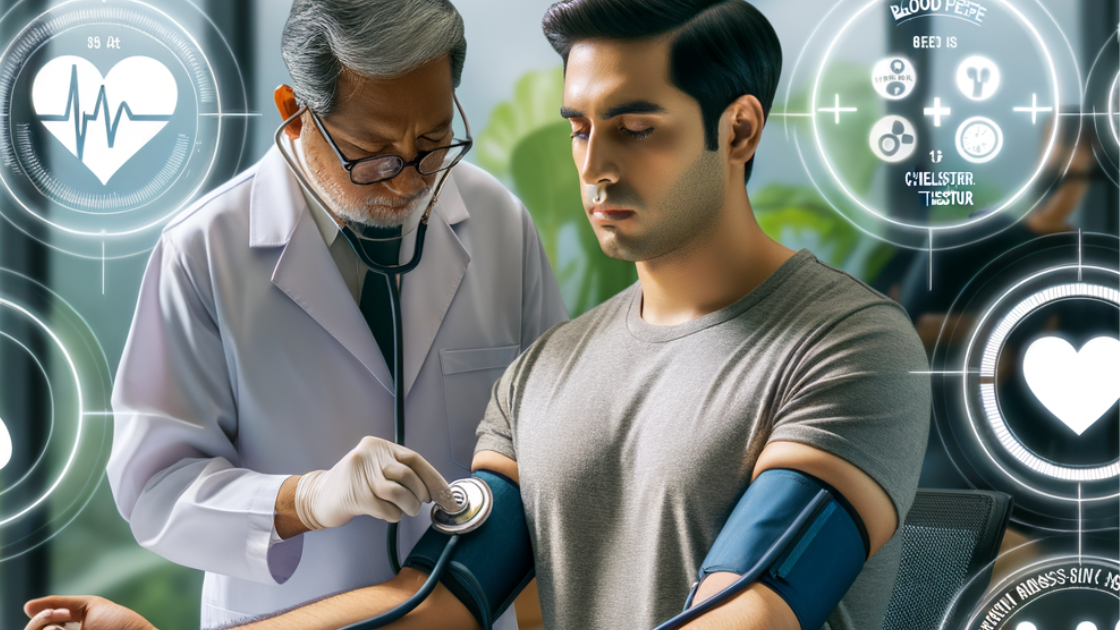 A doctor examining a male patient during a health screening at a medical centre.