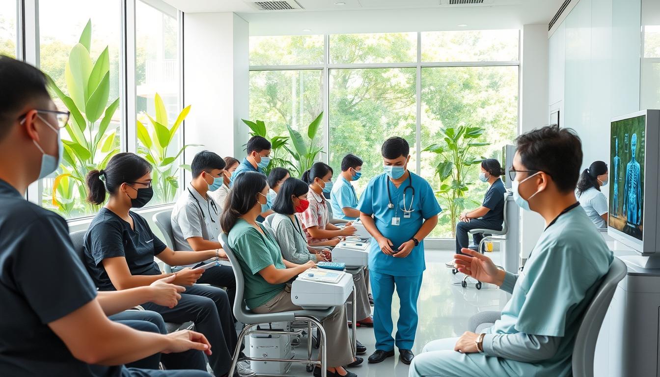 Corporate health screening Singapore onsite event with HOP Medical Centre staff conducting employee biometric assessments and blood tests at workplace