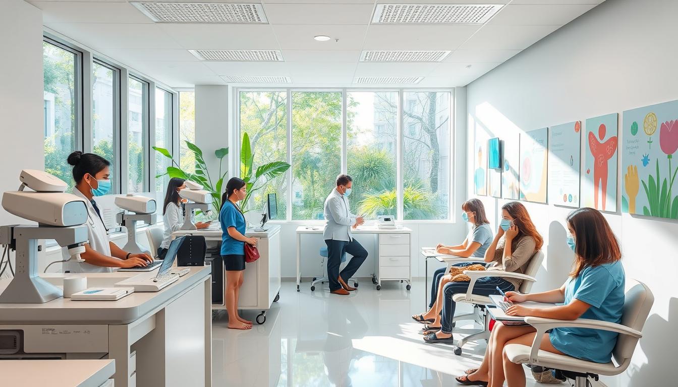 Professional health screening in progress at modern Singapore medical centre showing doctor and patient during comprehensive checkup