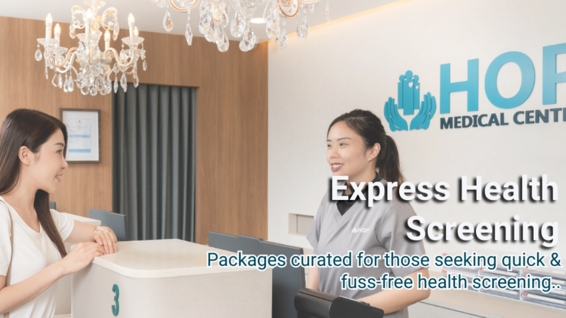 Friendly nurse assisting client at HOP Medical Centre reception for express health screening SG