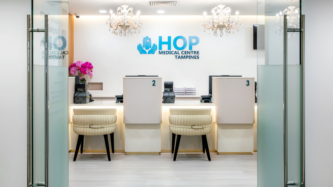 Reception area of HOP Medical Centre offering health screening SG services