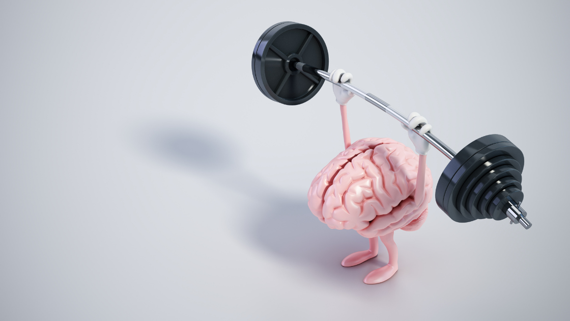 Illustration of a brain doing heavy lifting exercise to represent mental strength and cognitive wellness with health screening SG