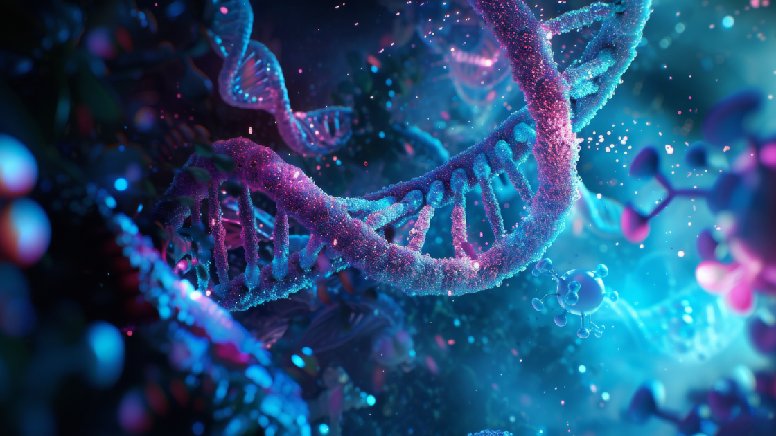 Graphic illustration of longevity DNA molecules representing advanced health screening SG for aging prevention