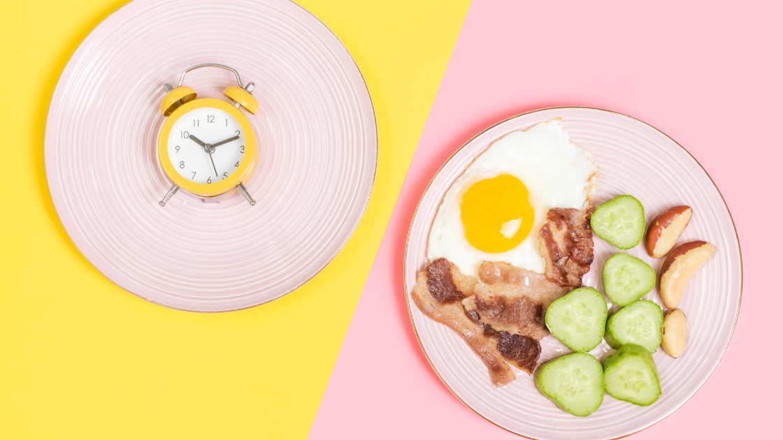 Two plates showing fasting vs non-fasting health screening - empty plate with clock versus plate with food in Singapore