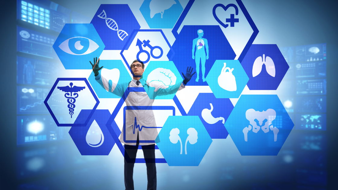 Doctor viewing a holographic human organ with medical test icons, representing complete health screening in Singapore