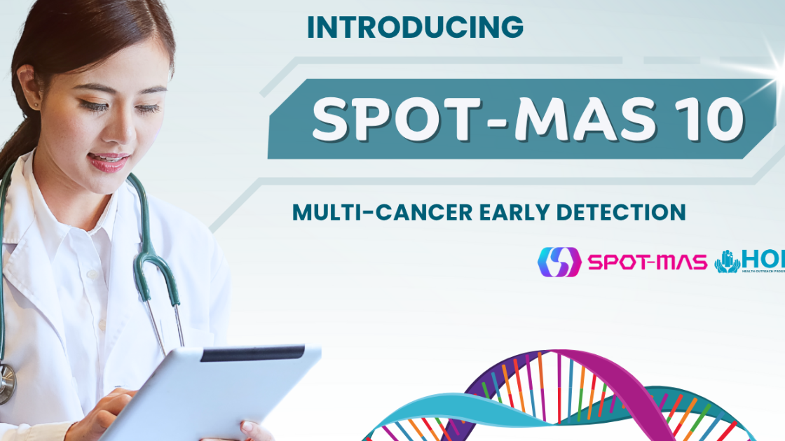 Cover page introducing SPOT-MAS 10 multi-cancer screening test with HOP Singapore logo