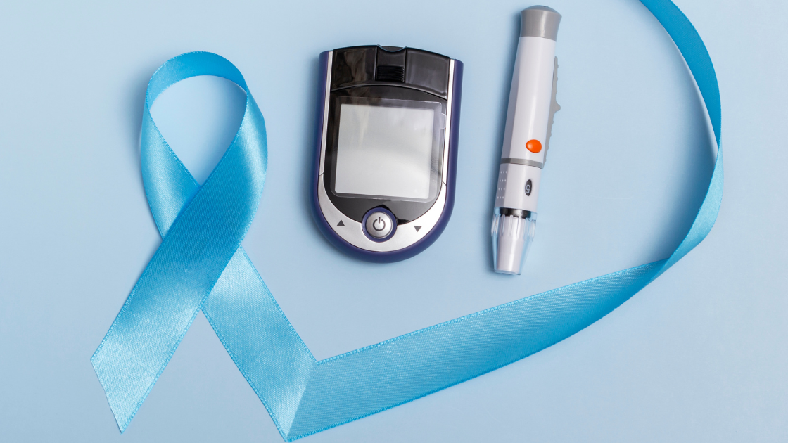 Diabetes awareness blue ribbon with blood glucose meter and insulin pen representing Singapore best health screening