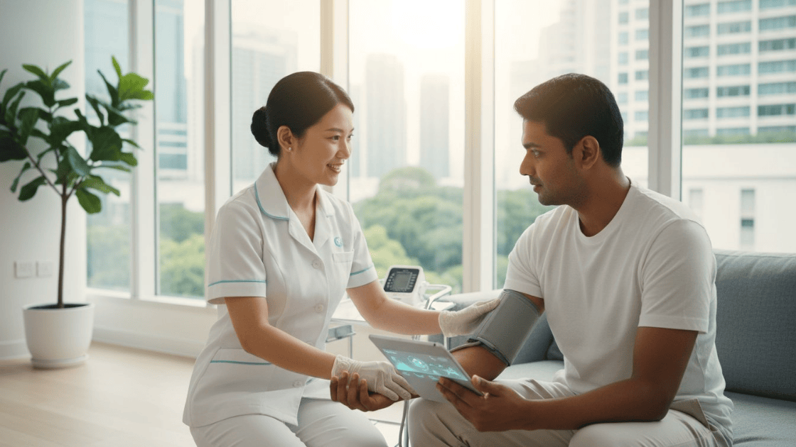 Professional nurse conducting home-based health screening for patient in Singapore