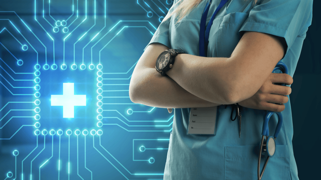 Modern health logo displayed next to professional doctor representing biometric screening for employees and workplace wellness programmes