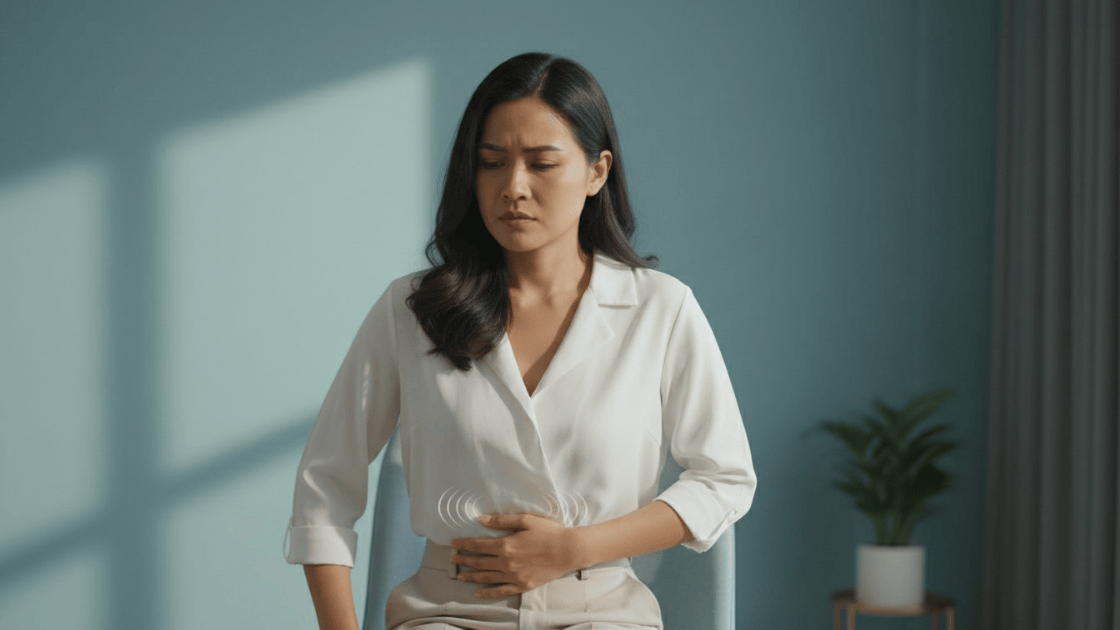 Woman holding her lower abdomen in pain, experiencing symptoms of ovarian cyst discomfort