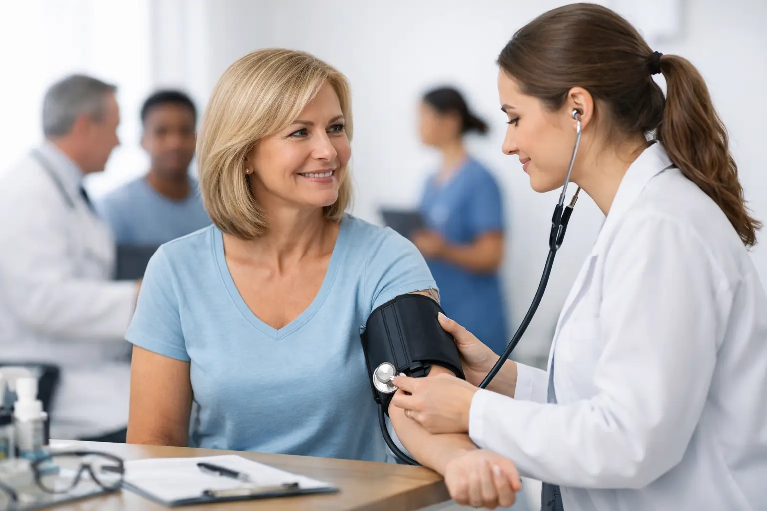 Patient undergoing health screening at HOP Medical Centre Singapore — nurse taking blood pressure reading during check-up