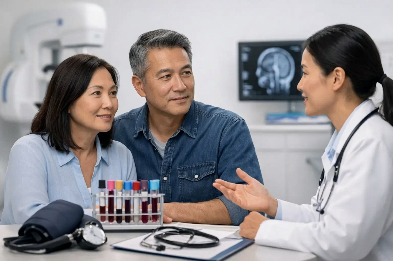 Doctor reviewing preventive health screening results with a patient in their 40s at HOP Medical Centre Singapore