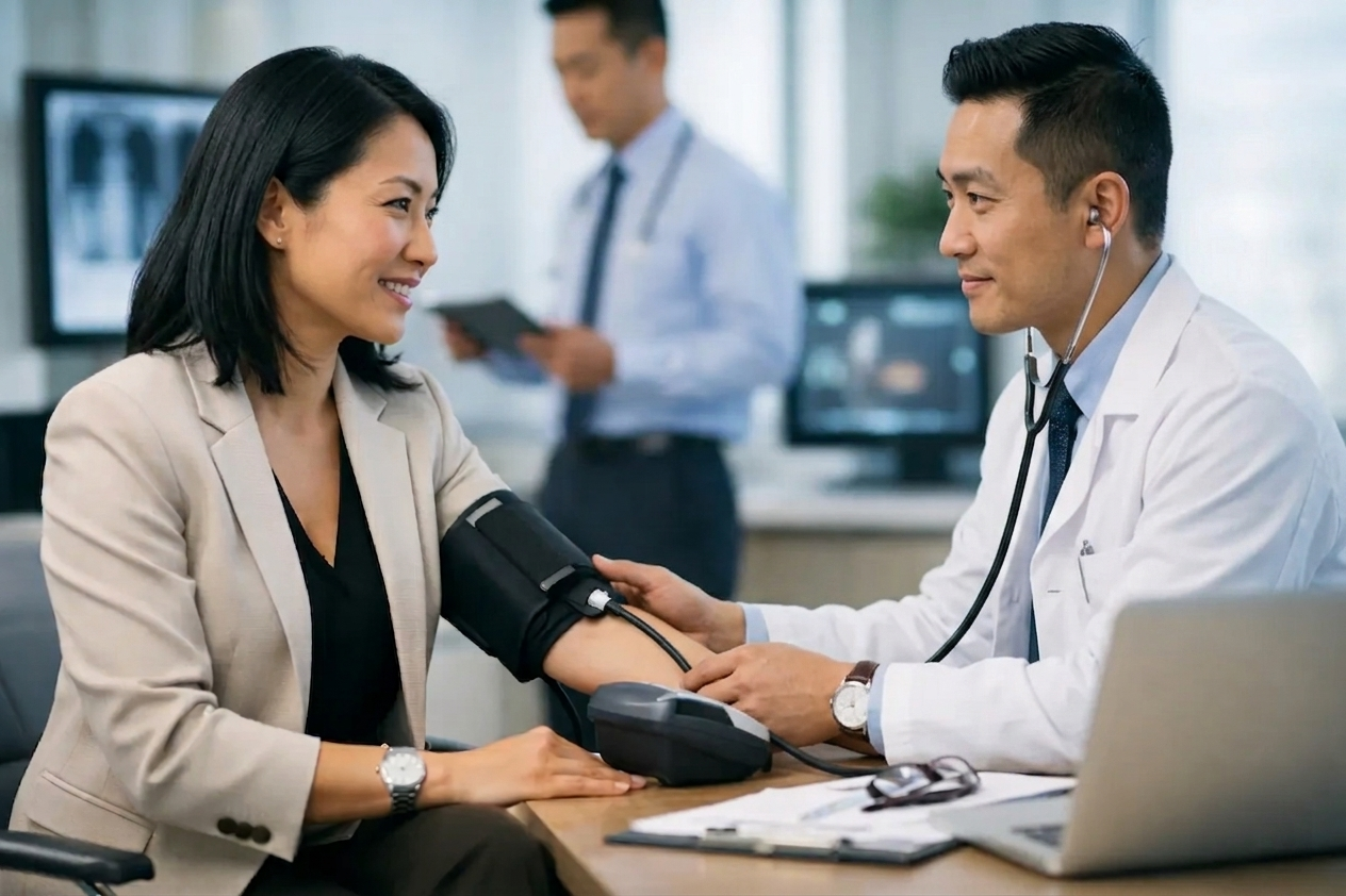 Busy professional completing health screening at HOP Medical Centre Singapore — doctor reviewing results during a time-efficient appointment