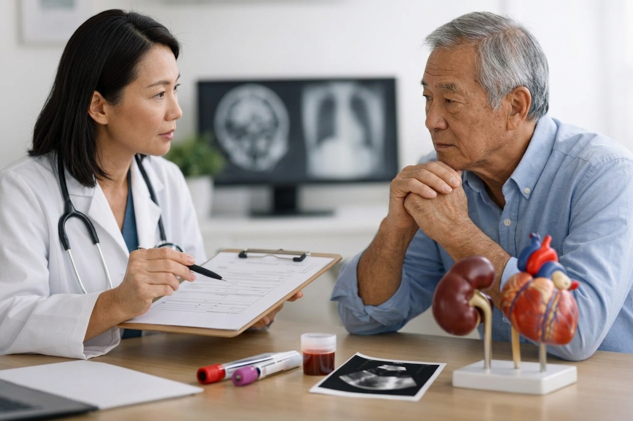 Doctor reviewing chronic disease screening results with a patient at HOP Medical Centre Singapore
