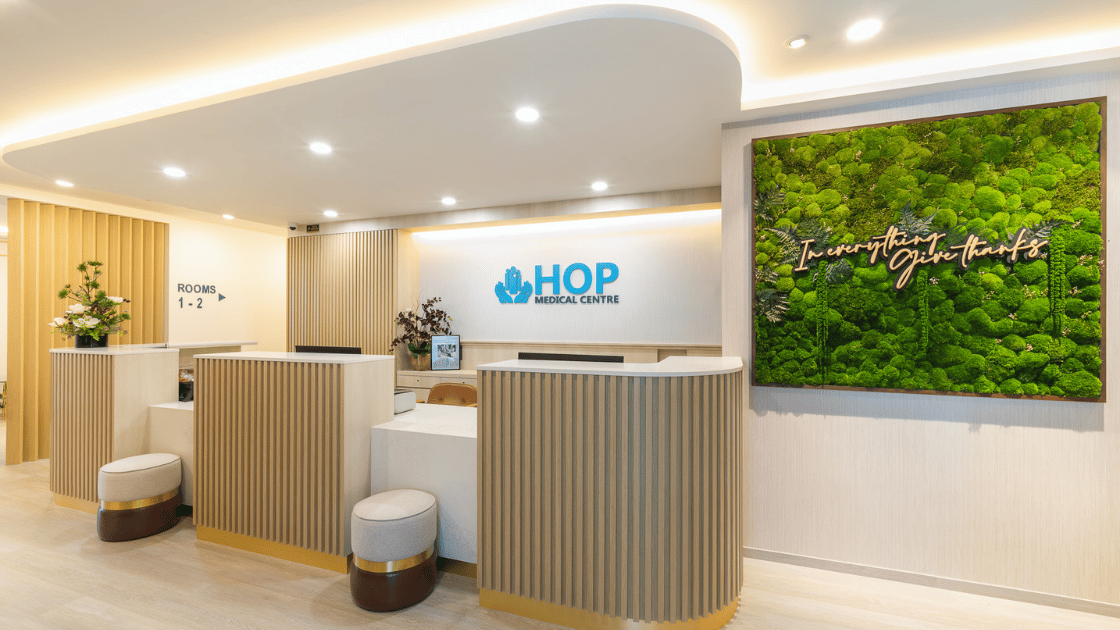 HOP Medical Centre reception area, where patients check in for a full body checkup in Singapore